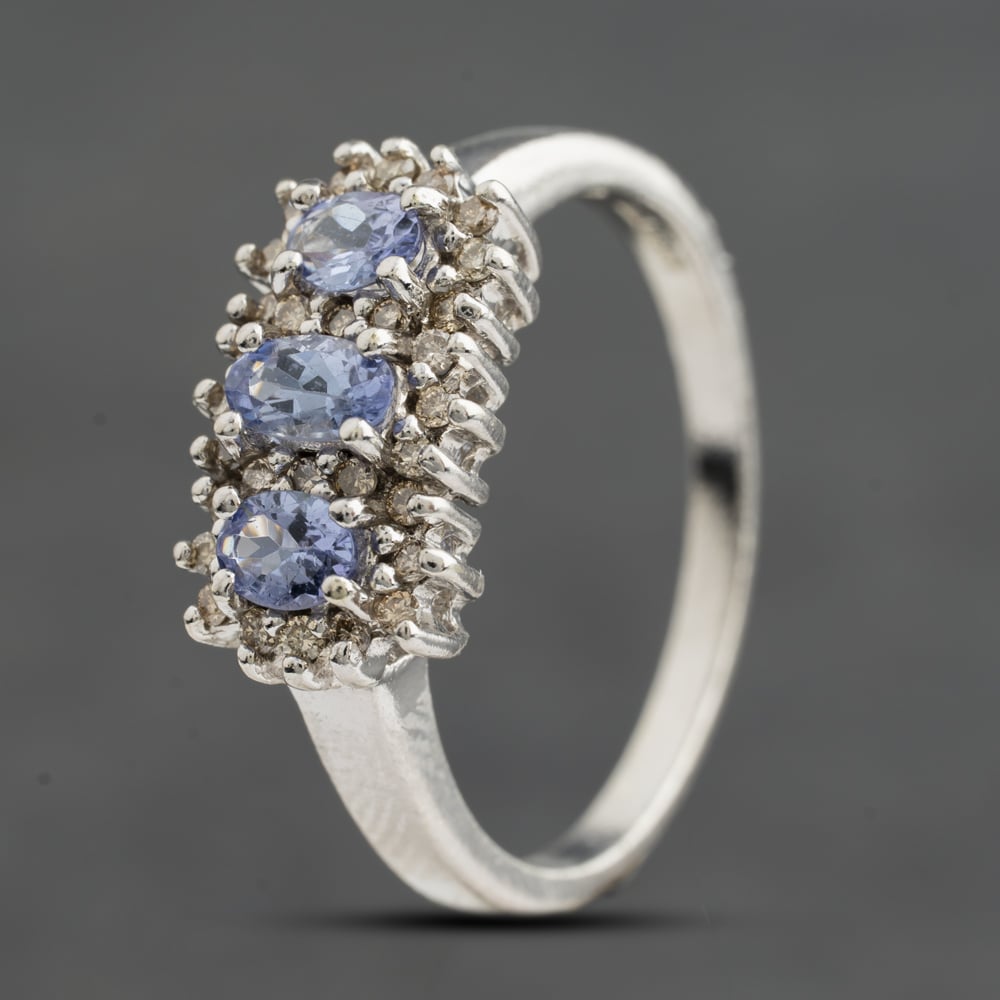 Pre-Owned 9ct White Gold Tanzanite &amp; 0.14ct Brilliant Cut Diamond Triple Cluster Ring 41384972