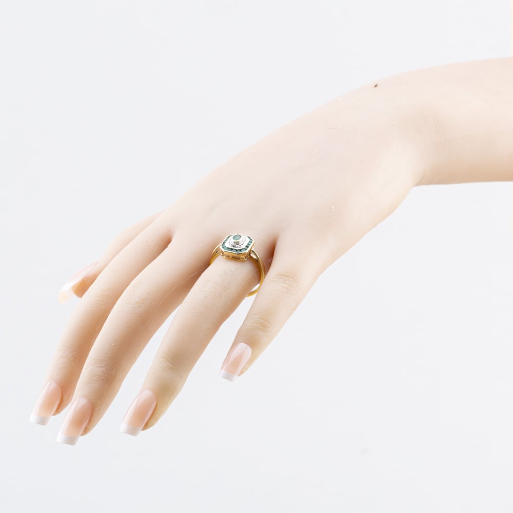 Pre-Owned 9ct Yellow Gold Emerald & 0.01ct Diamond Octagonal Cluster Ring 41384973