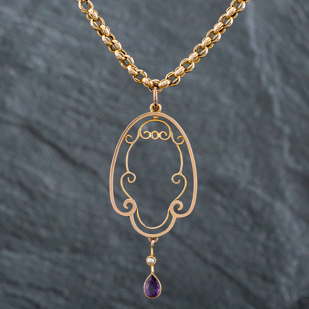 Product photograph of Pre-owned Mixed Metal Amethyst Amp Seed Pearl Vintage Pendant Amp 16 Inch Belcher Chain 4139499 from The Jewel Hut