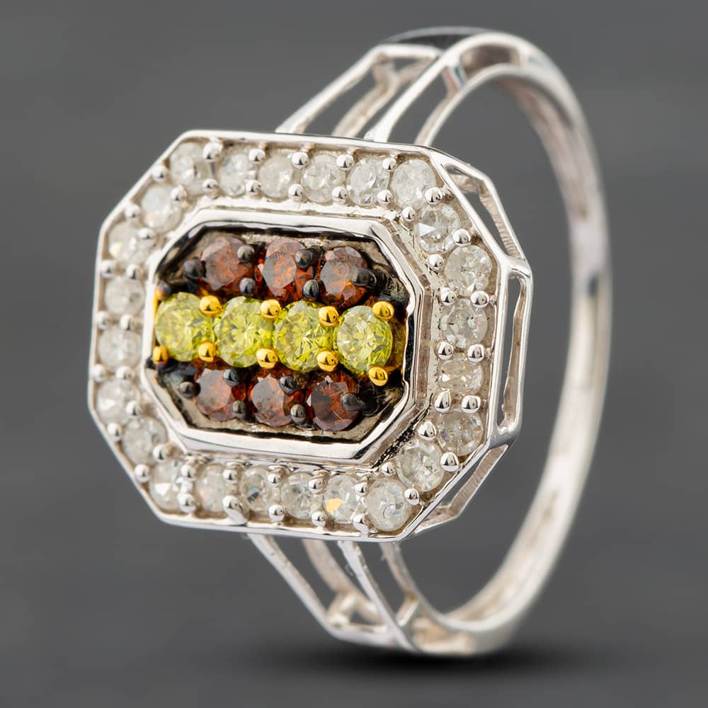 Product photograph of Pre-owned 9ct White Gold 1 00ct Brilliant Cut Red White Amp Yellow Diamond Octagonal Cluster Ring 41481140 from The Jewel Hut