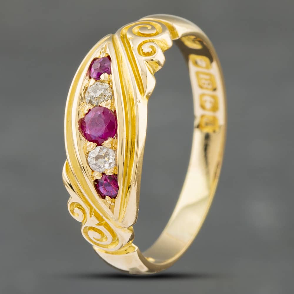 Product photograph of Pre-owned 18ct Yellow Gold Ruby Diamond Five Stone Ring 41481187 from The Jewel Hut