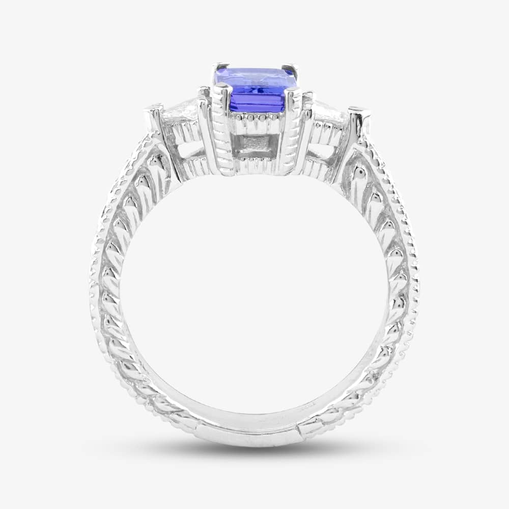 Pre-Owned 14ct White Gold Emerald Cut Tanzanite & Trillion Cut Diamond Three Stone Ring 41481270