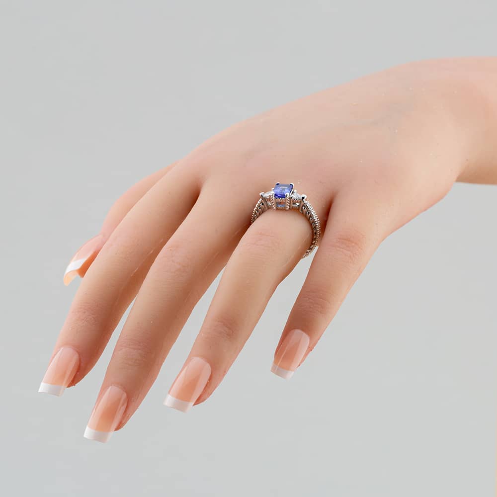 Pre-Owned 14ct White Gold Emerald Cut Tanzanite & Trillion Cut Diamond Three Stone Ring 41481270