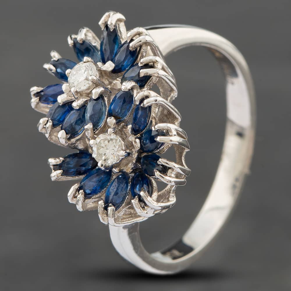 Product photograph of Pre-owned 18ct White Gold Marquise Cut Sapphire Amp Brilliant Cut Diamond Double Flower Cluster Ring 41481271 from The Jewel Hut