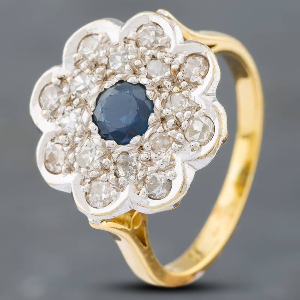 Product photograph of Pre-owned 9ct Yellow Gold Sapphire Amp Diamond Pave Flower Cluster Ring 41481532 from The Jewel Hut
