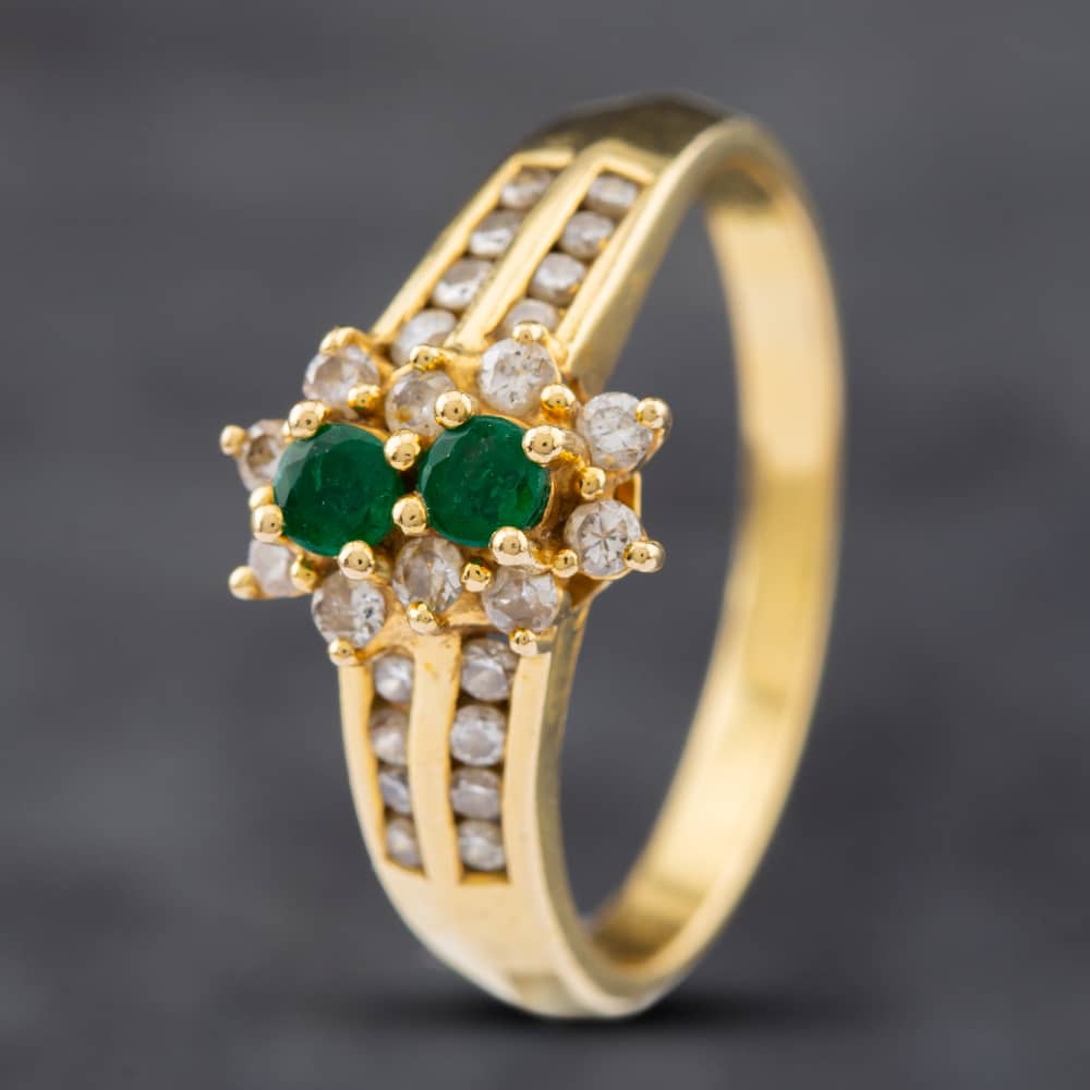 Product photograph of Pre-owned 18ct Yellow Gold Emerald Amp Diamond Double Cluster Ring 41481554 from The Jewel Hut