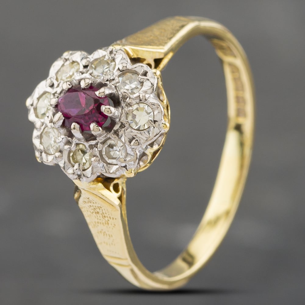 Product photograph of Pre-owned Vintage 18ct Yellow Gold Ruby Amp Diamond Cluster Ring 41481654 from The Jewel Hut