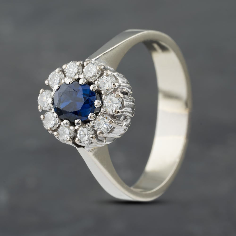 Pre-Owned 9ct White Gold Sapphire & 0.50ct Brilliant Cut Diamond Oval Cluster Ring 41481762