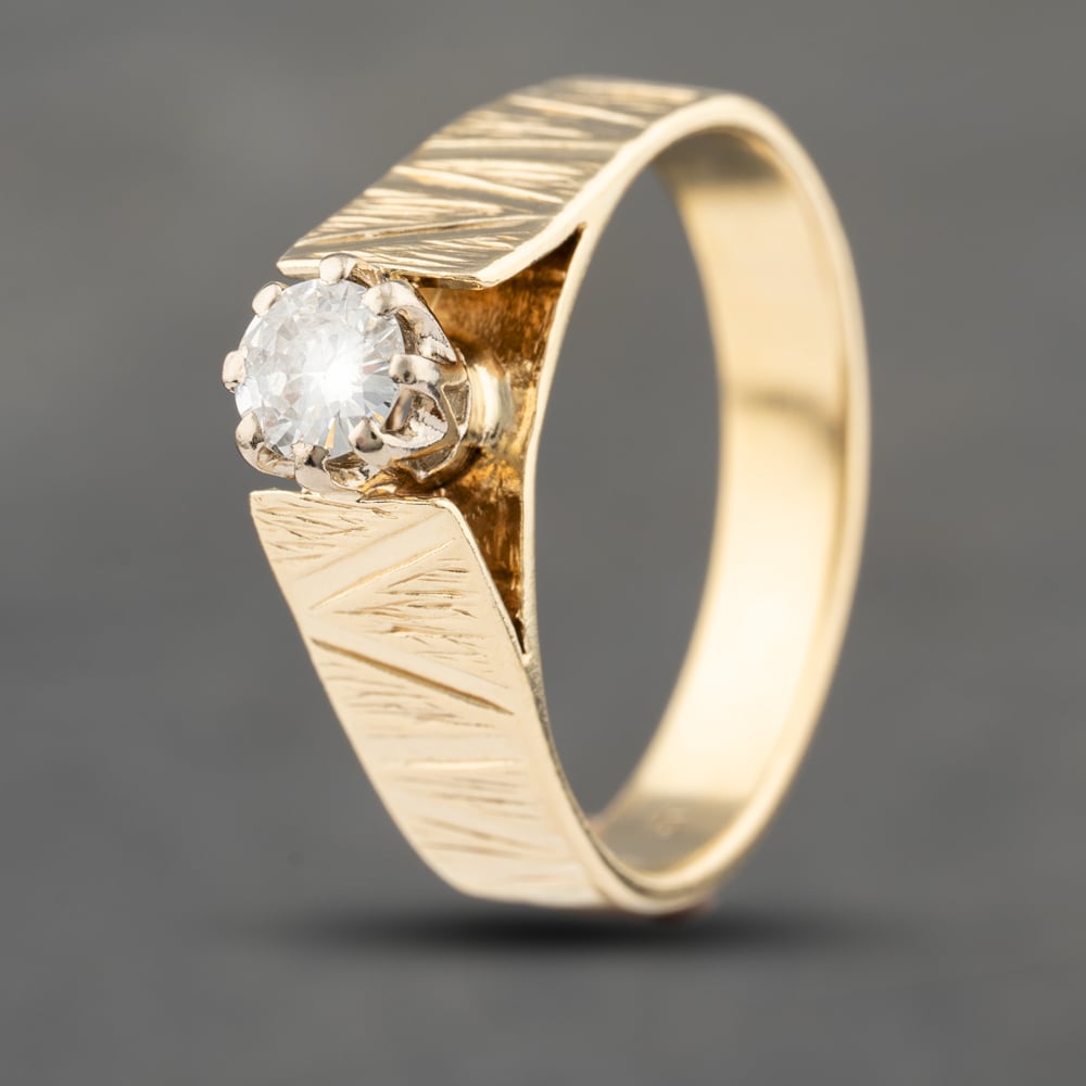 Click to view product details and reviews for Pre Owned Vintage Yellow Gold 035ct Brilliant Cut Diamond Bark Effect Shoulders Solitaire Ring 41482262. Click to view product details and reviews for Pre Owned Vintage Yellow Gold 035ct Brilliant Cut Diamond Bark Effect Shoulders Solitaire Ring 41482262.