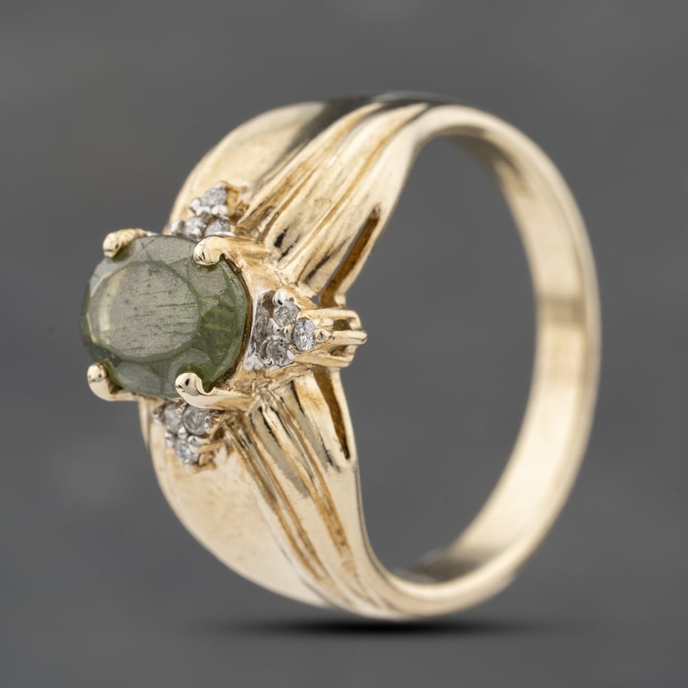 Click to view product details and reviews for Pre Owned 9ct Yellow Gold Peridot And Diamond Engraved Shoulders Cluster Ring 41482389.