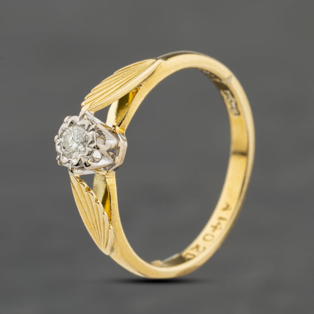 Click to view product details and reviews for Pre Owned Vintage Yellow Gold 008ct Brilliant Cut Diamond Wing Pattern Shoulders Solitaire Ring 41482472.