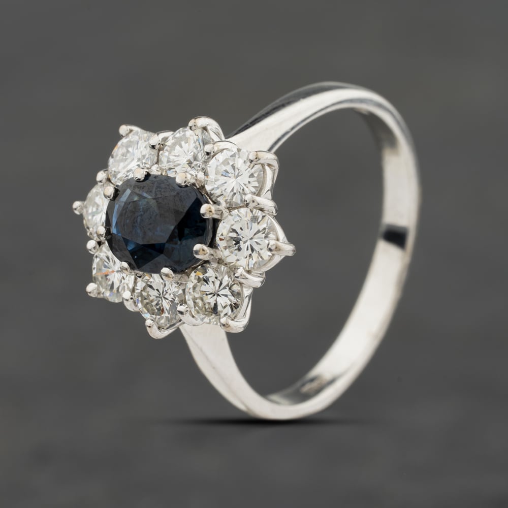 Pre-Owned 18ct White Gold Sapphire &amp; 1.25ct Diamond Flower Cluster Ring 41482556