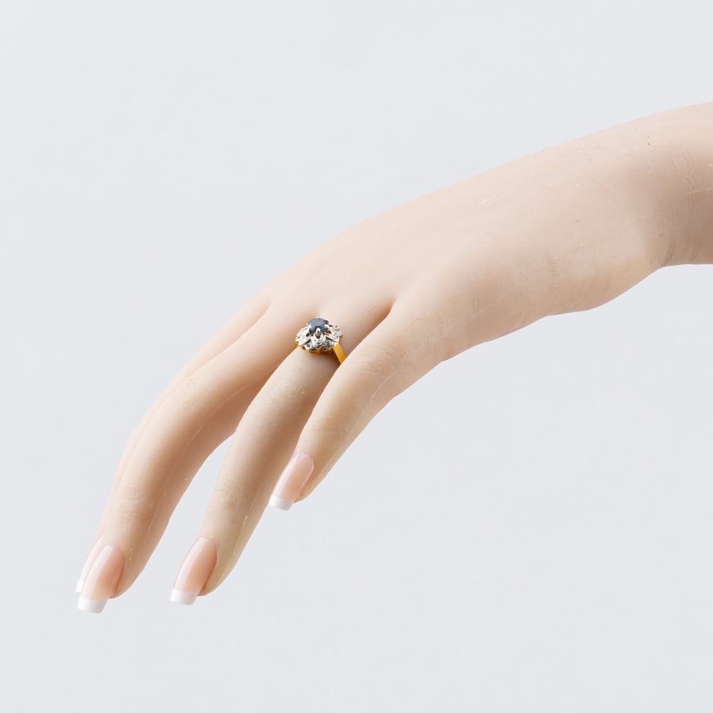 Pre-Owned Vintage Yellow Gold Sapphire & 0.10ct Diamond Double Flower Cluster Ring 41482716