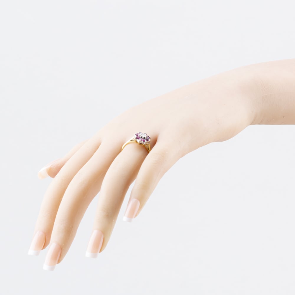 Pre-Owned 18ct Yellow Gold Ruby & 0.10ct Brilliant Cut Diamond Flower Cluster Ring 41482805