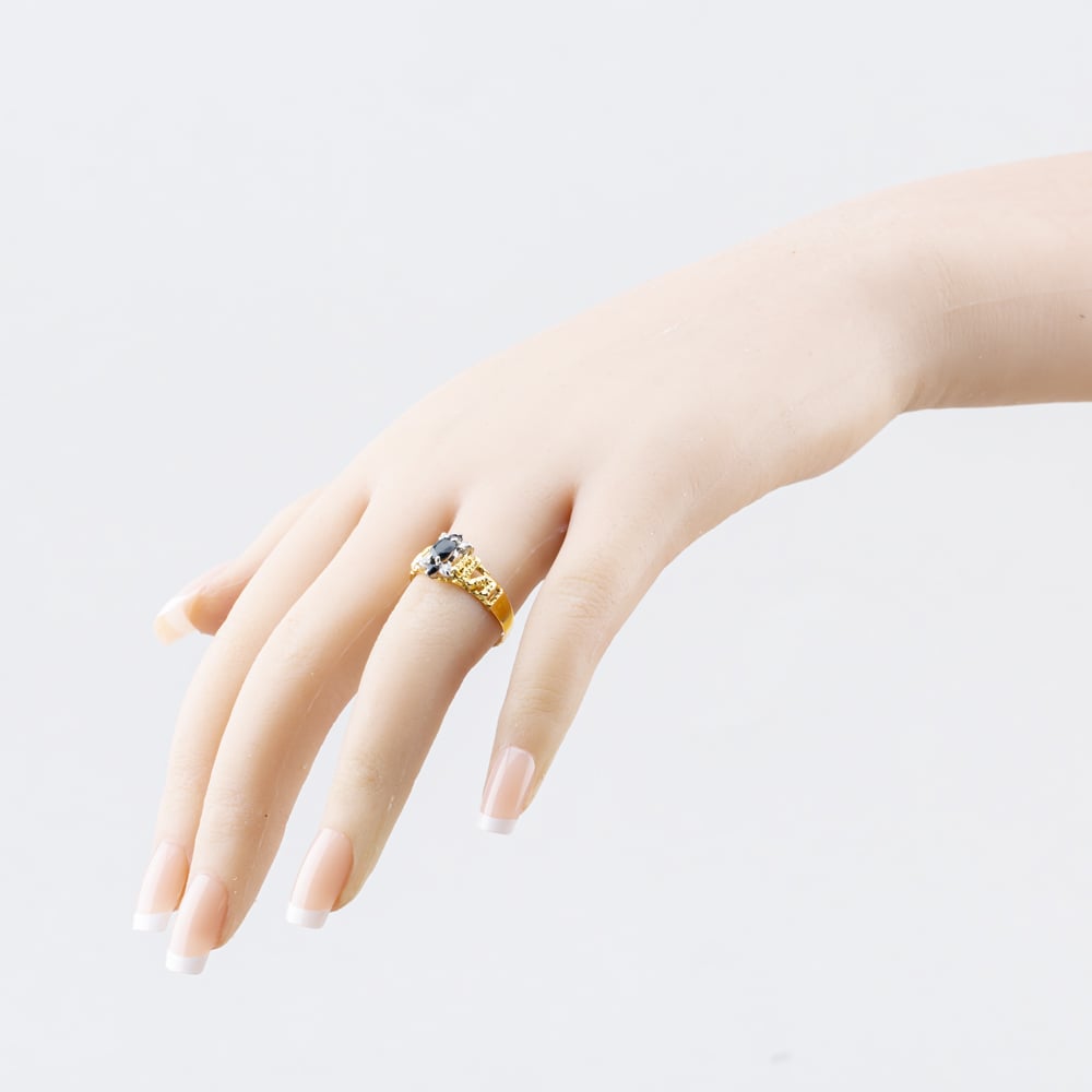 Pre-Owned 18ct Yellow Gold Sapphire & 0.12ct Diamond Bark Effect Open Work Shoulders Cluster Ring 41482846