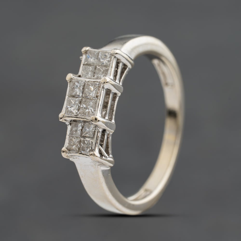 Pre-Owned 18ct White Gold 0.50ct Princess Cut Diamond Triple Square Cluster Ring 41483081