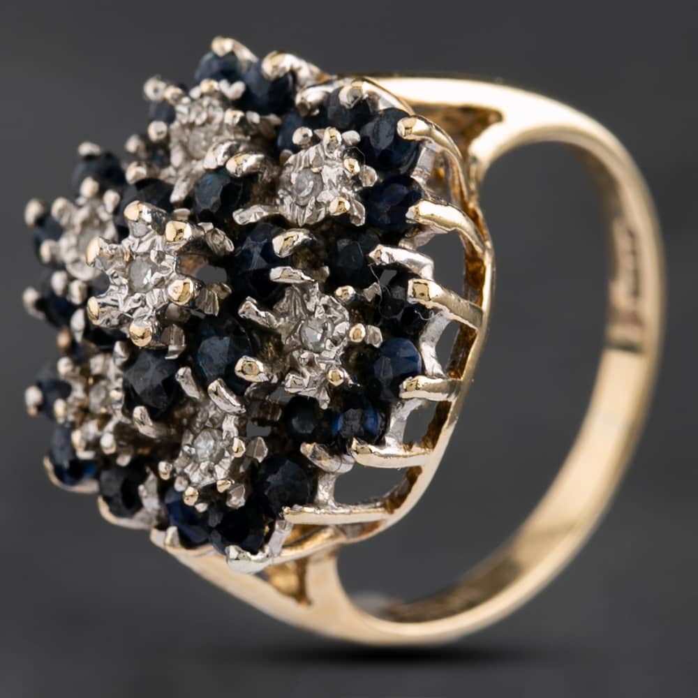 Product photograph of Pre-owned Vintage 9ct Yellow Gold Sapphire Amp Diamond Cluster Ring 4158549 from The Jewel Hut