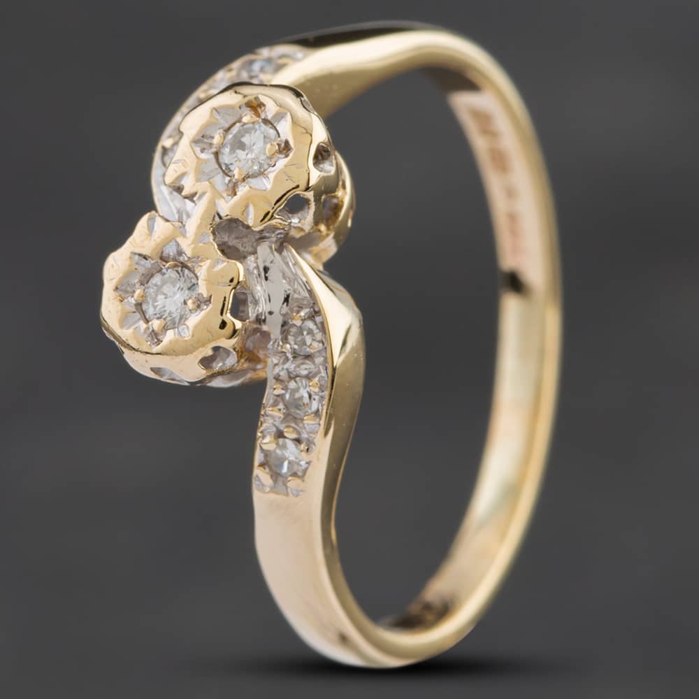 Product photograph of Pre-owned 9ct Yellow Gold Brilliant Cut Diamond Cross Over Two Stone Ring 4158780 from The Jewel Hut