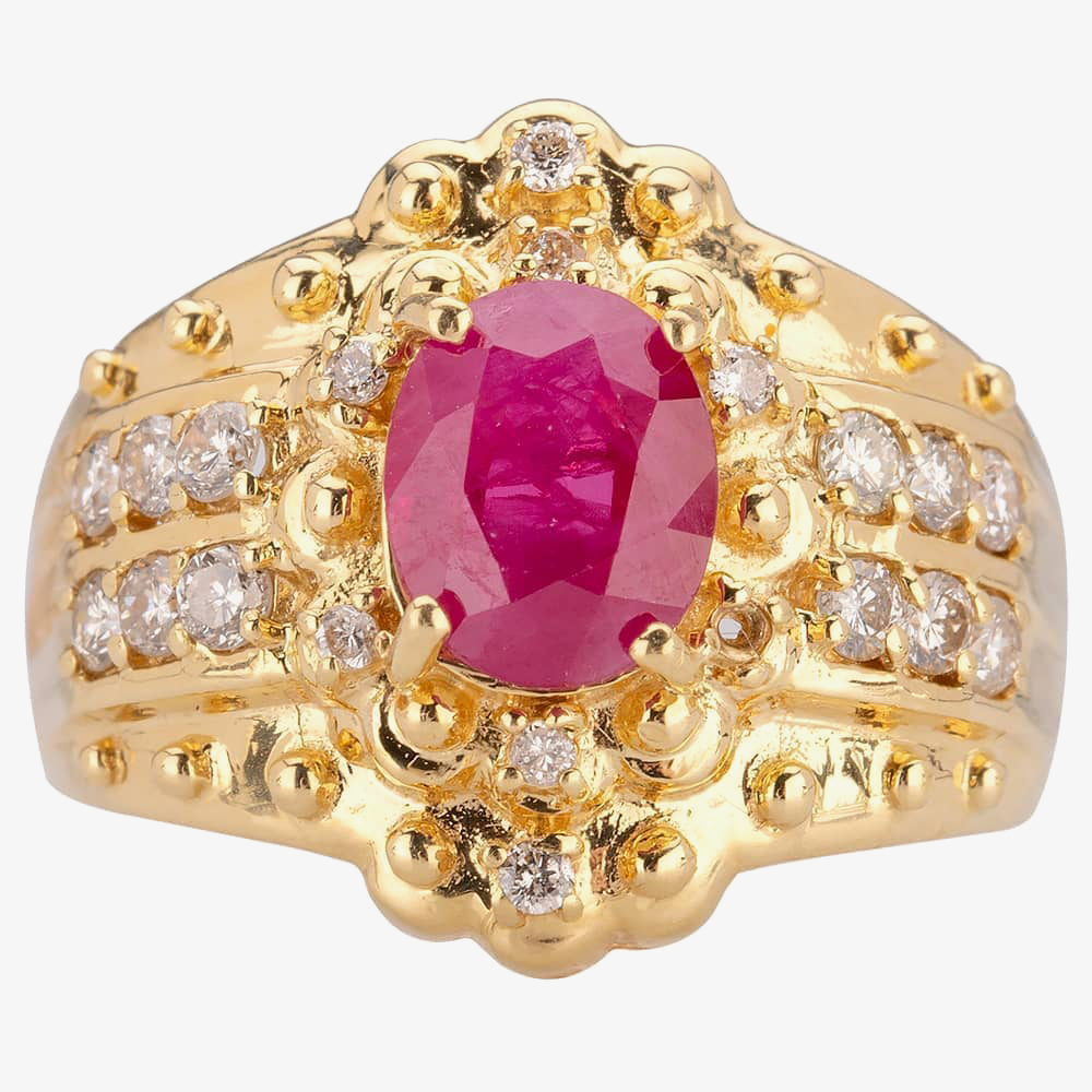 Pre-Owned 18ct Yellow Gold Oval Rubover 1.50ct Ruby & 0.40ct Diamond Two Row Ring 4312056