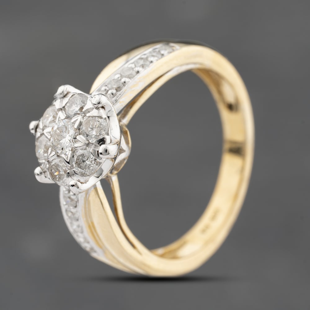 Click to view product details and reviews for Pre Owned 9ct Yellow Gold 050ct Brilliant Cut Diamond Crossover Shoulders Cluster Ring 43121307.