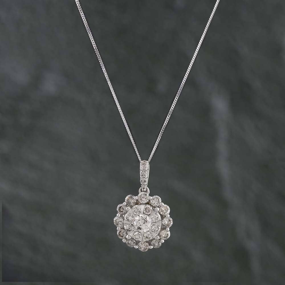 Product photograph of Pre-owned 9ct White Gold 1 00ct Brilliant Cut Diamond 3 Tier Cluster Pendant Amp 18 Inch Curb Chain 431400218 from The Jewel Hut