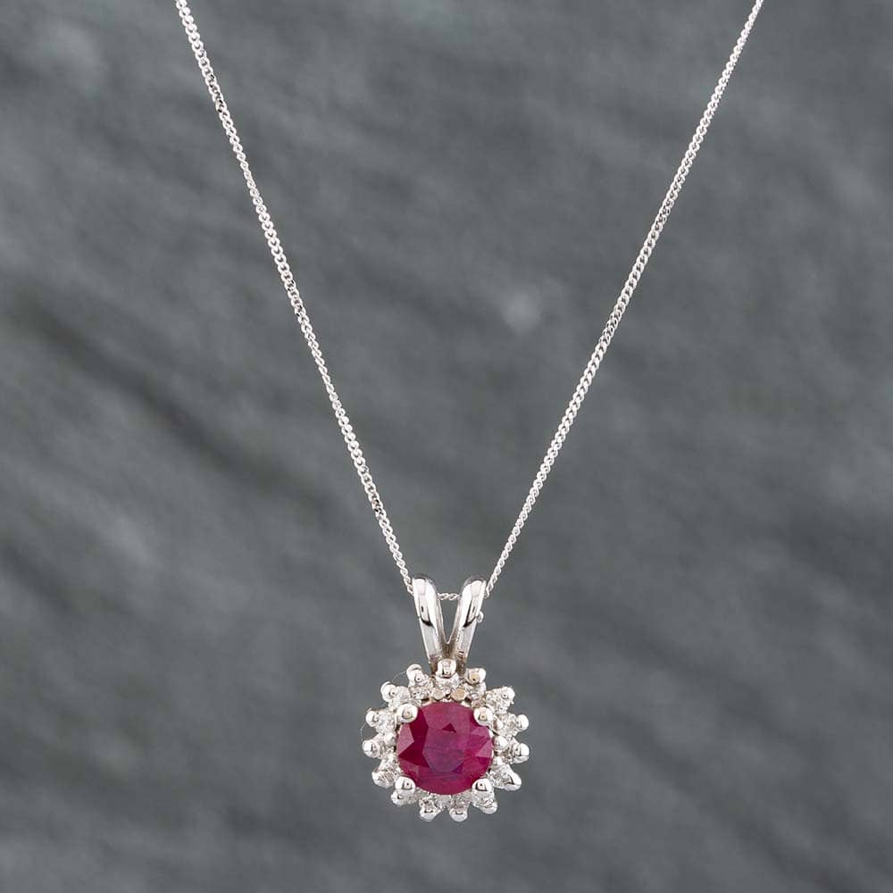 Product photograph of Pre-owned 14ct White Gold Round Cut Ruby Amp Brilliant Cut Diamond Pendant Amp 18 Inch Curb Chain 43141091 from The Jewel Hut