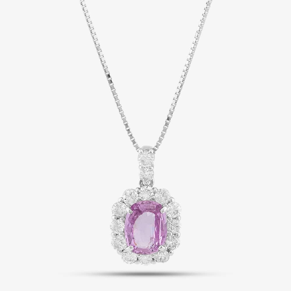 Product photograph of Pre-owned Platinum Certificated 1 83ct Pink Oval Cut Sapphire Amp 0 93ct Brilliant Cut Diamond Pendant Amp 18 Inch Box Chain 43141167 from The Jewel Hut