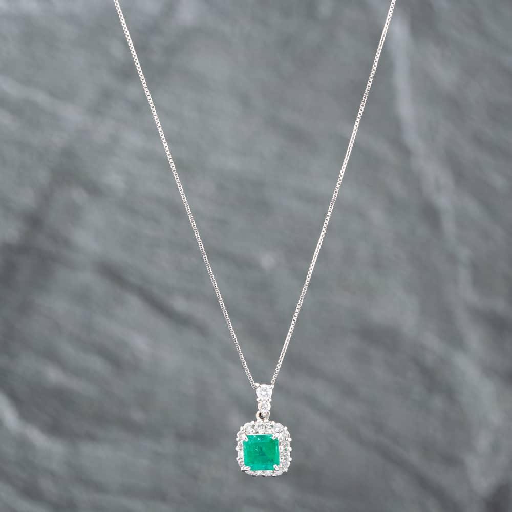 Product photograph of Pre-owned Platinum 0 81ct Cushion Cut Emerald Amp 0 29ct Brilliant Cut Diamond Pendant Amp 16-18 Inch Box Chain 43141177 from The Jewel Hut