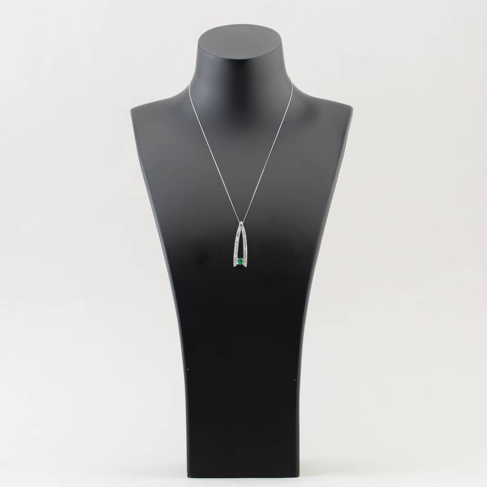 Pre-Owned 18ct White Gold Emerald & Baguette Cut Diamond Wishbone Pendant & 18 Inch Curb Chain 43141179