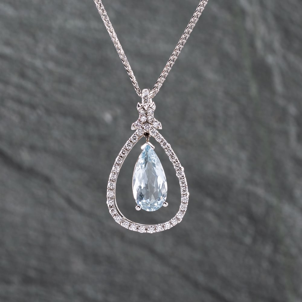Click to view product details and reviews for Pre Owned 14ct White Gold 175ct Aquamarine And 035ct Brilliant Cut Diamond Tear Drop Pendant And 20 Inch Foxtail Chain 43141226.