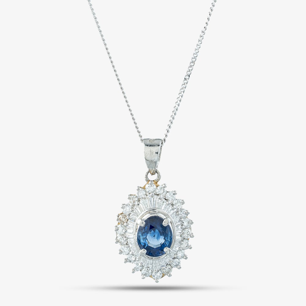 Click to view product details and reviews for Pre Owned Platinum Sapphire And 111ct Diamond Oval Cluster Pendant And 16 Inch Trace Chain 43141236.