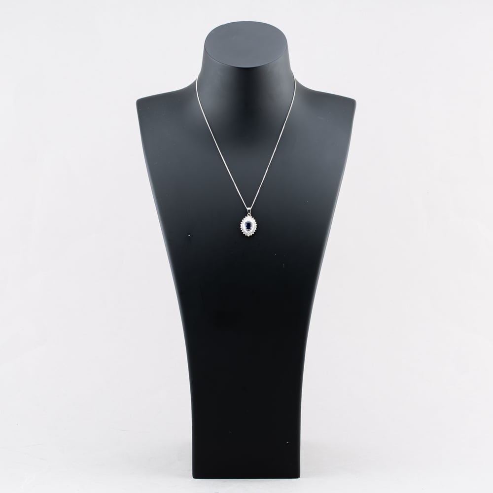 Pre-Owned Platinum Sapphire & 1.11ct Diamond Oval Cluster Pendant & 16 Inch Trace Chain 43141236