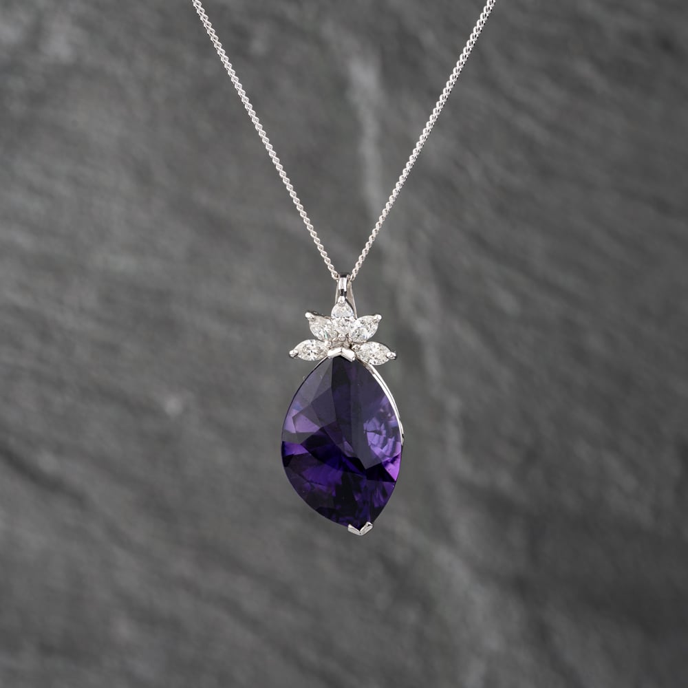 Pre-Owned Platinum 13.89ct Amethyst &amp; 0.58ct Marquise Cut Diamond Pendant &amp; 16 Inch Curb Chain 43141247