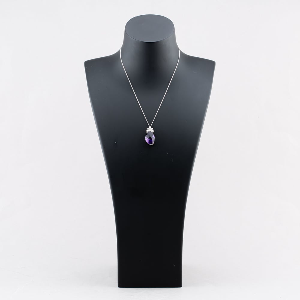Pre-Owned Platinum 13.89ct Amethyst & 0.58ct Marquise Cut Diamond Pendant & 16 Inch Curb Chain 43141247