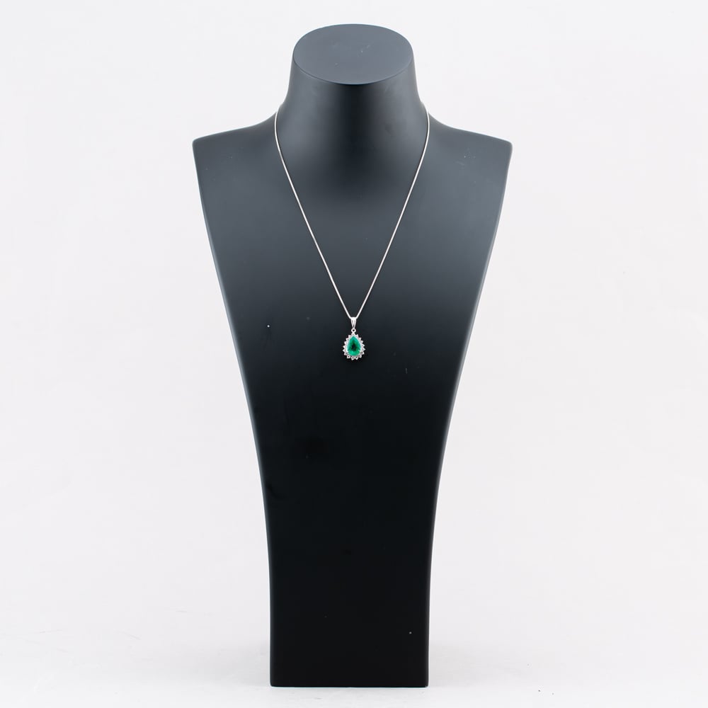 Pre-Owned Platinum 3.08ct Emerald & 0.62ct Brilliant Cut Diamond Pear Shaped Pendant & 18 Inch Box Chain 43141258