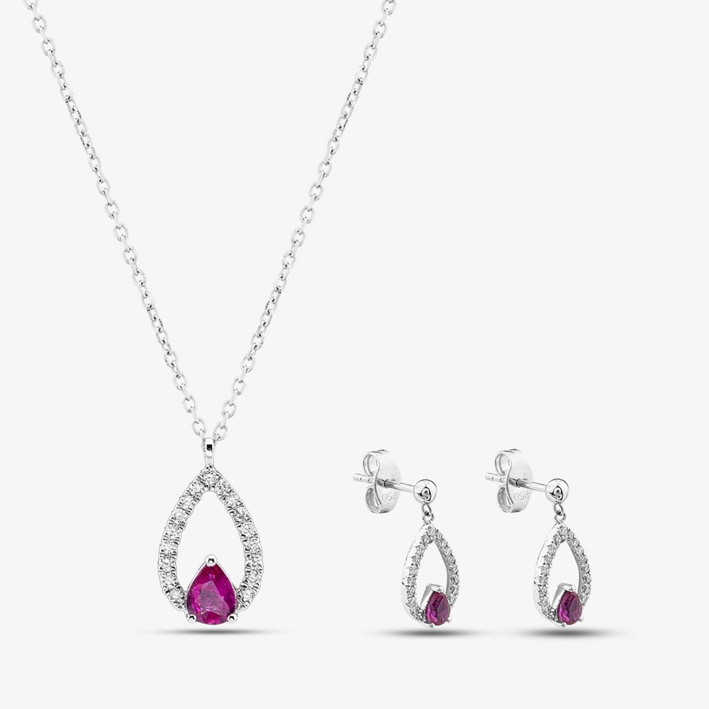 Pre-Owned 18ct White Gold 0.41ct Ruby &amp; 0.11ct Brilliant Cut Diamond Teardrop 16-18 Inch Trace Jewellery Set 43141277