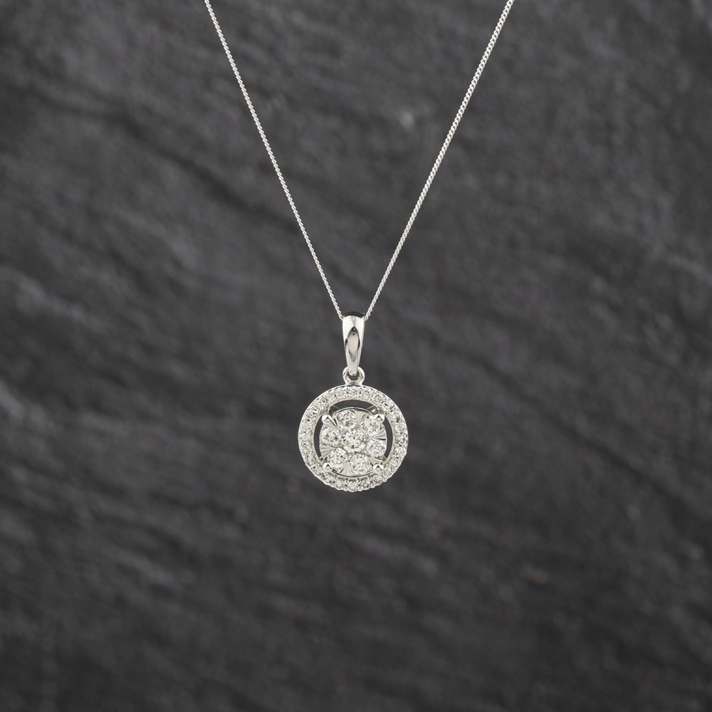 Pre-Owned 9ct White Gold 0.50ct Brilliant Cut Diamond Halo Cluster Pendant &amp; 18 Inch Curb Chain 43141324