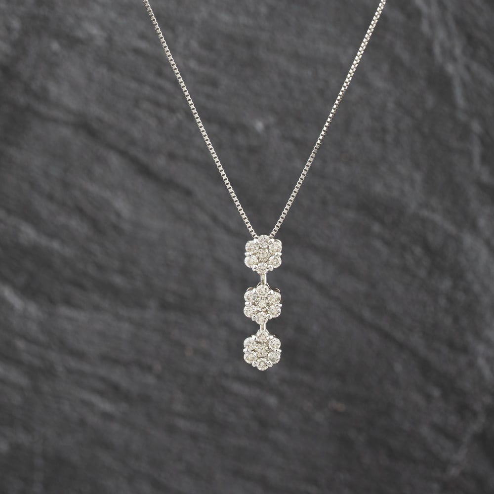 Pre-Owned 18ct White Gold 1.00ct Brilliant Cut Diamond Triple Flower Cluster Dropper Pendant &amp; 18 Inch Box Chain 43141338