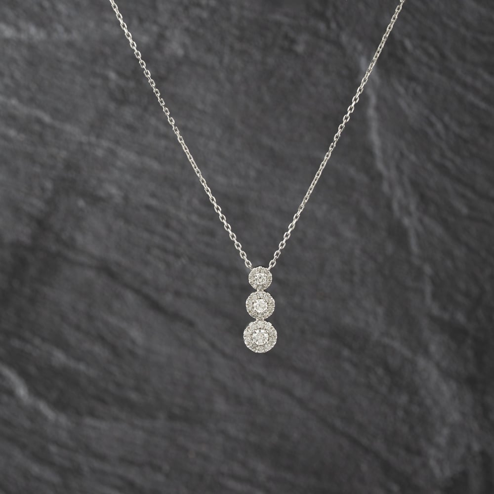Pre-Owned 9ct White Gold 0.50ct Brilliant Cut Diamond Triple Flower Cluster Dropper Pendant &amp; 16-18 Inch Trace Chain 43141339