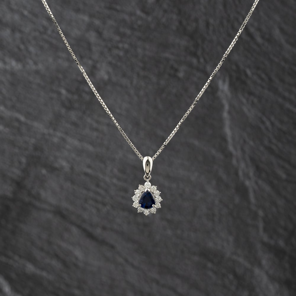 Pre-Owned Platinum 0.96ct Sapphire &amp; 0.43ct Brilliant Cut Diamond Pear Shaped Cluster Pendant &amp; 16 Inch Box Chain 43141343