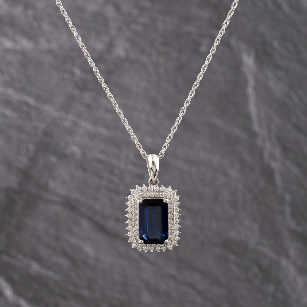 Pre-Owned Platinum 4.73ct Sapphire &amp; 1.05ct Brilliant Cut Diamond Emerald Cut Pendant &amp; 16 Inch Prince Of Wales Chain 43141345