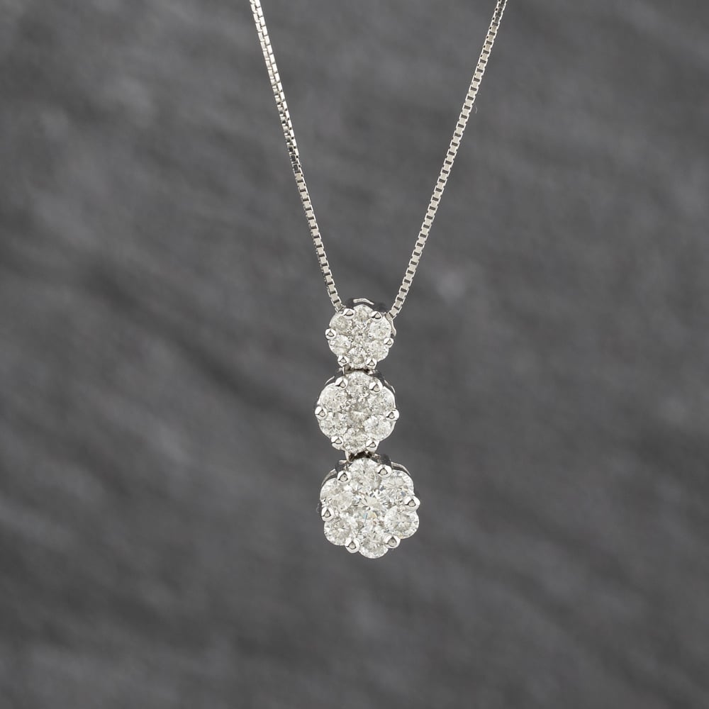 Pre-Owned 18ct White Gold 1.00ct Brilliant Cut Diamond Triple Graduated Cluster Gemstone Pendant &amp; 16-18 Inch Box Chain 43141347