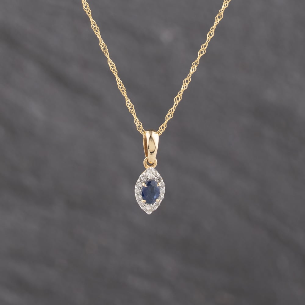 Pre-Owned 14ct Yellow Gold 0.25ct Sapphire &amp; 0.10ct Diamond Marquise Shape Gemstone Pendant &amp; 18 Inch Twist Chain 43141356