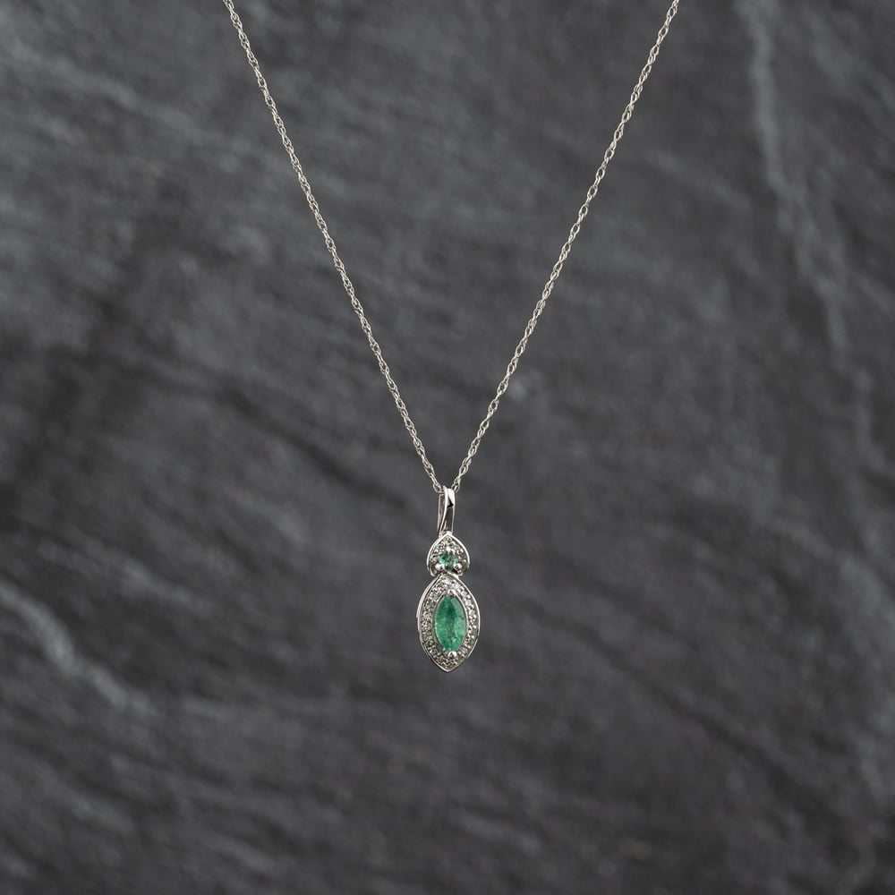 Pre-Owned 14ct White Gold Emerald &amp; 0.08ct Brilliant Cut Diamond Marquise Cluster Gemstone Pendant &amp; 18 Inch Prince Of Wales Chain 43141359