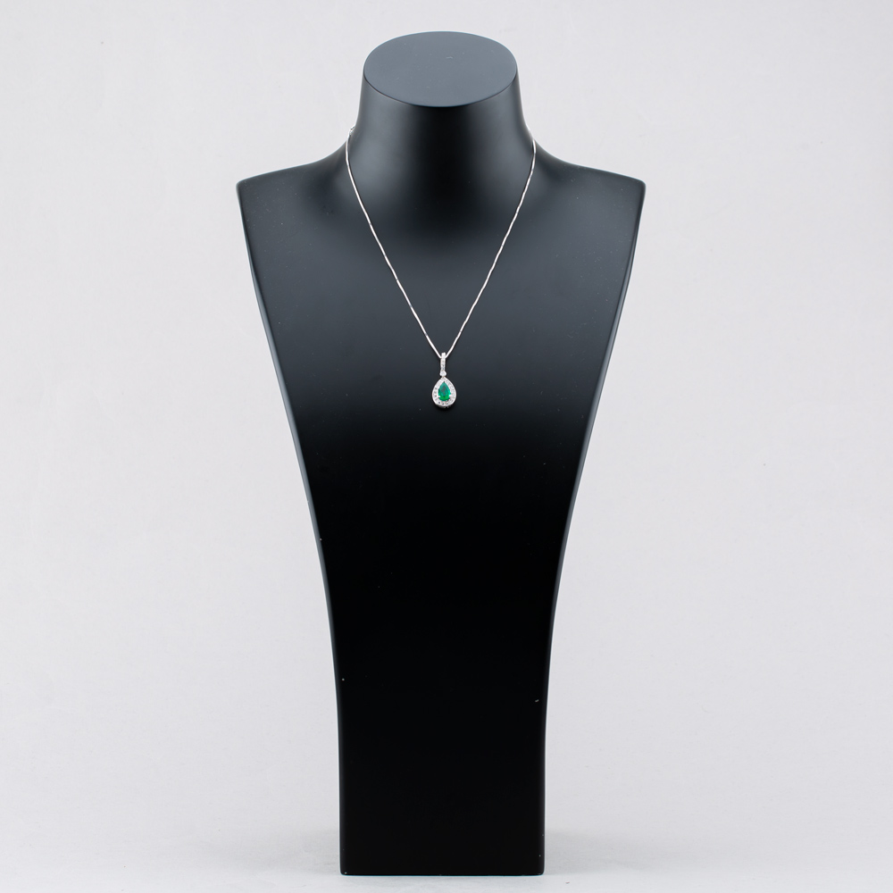 Pre-Owned 14ct White Gold 1.18ct Pear Cut Emerald & 0.41ct Brilliant Cut Diamonds Tear Drop Pendant 4314541