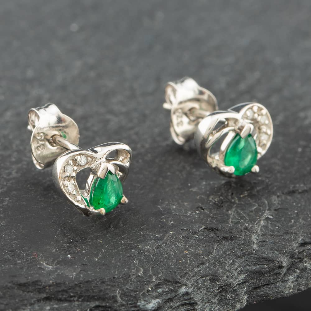 Product photograph of Pre-owned White Gold 0 26ct Pear Cut Emerald Amp Diamond Heart Stud Earrings 43171093 from The Jewel Hut