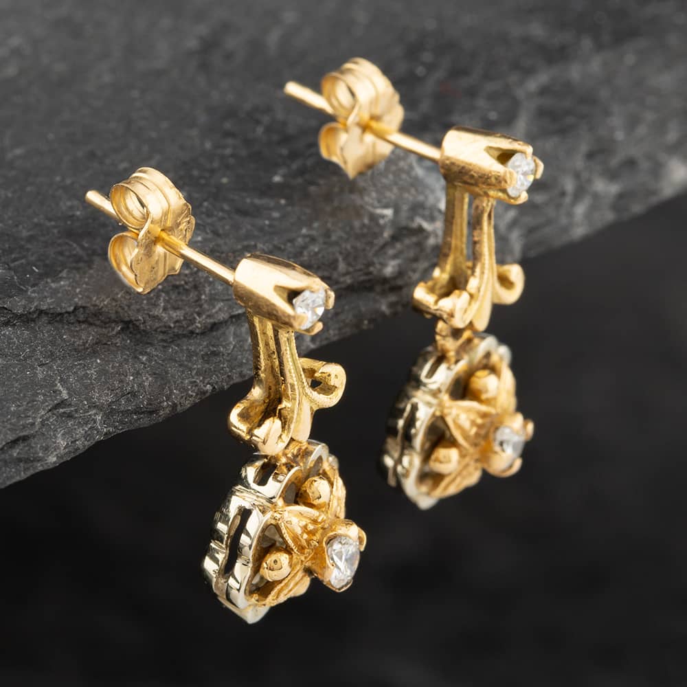 Product photograph of Pre-owned 9ct Two Colour Gold Brilliant Cut Diamond Flower Dropper Earrings 43171117 from The Jewel Hut