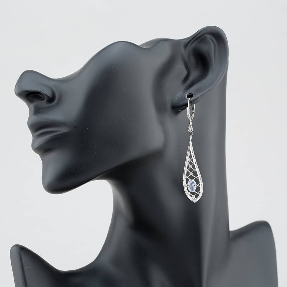 Pre-Owned 18ct White Gold Oval Cut Sapphire & Brilliant Cut Diamond Tear Drop Dropper Earrings 43171174