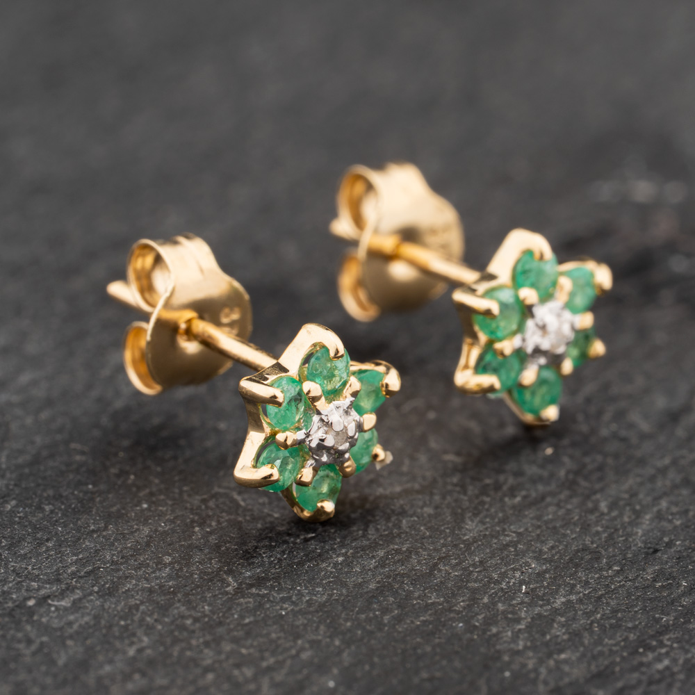 Click to view product details and reviews for Pre Owned 9ct Yellow Gold 030ct Emerald And Diamond Flower Cluster Stud Earrings 43171310.
