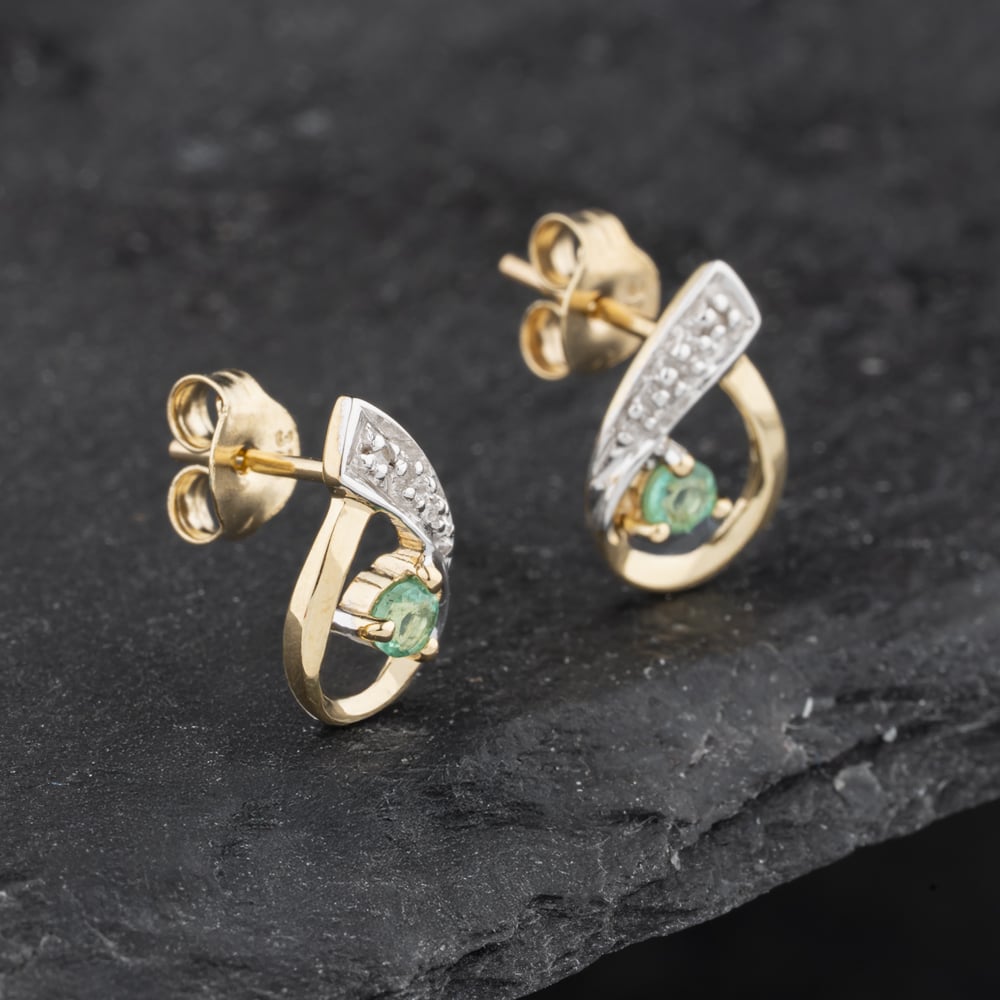 Click to view product details and reviews for Pre Owned 9ct Yellow Gold 013ct Emerald And Diamond Open Work Swirl 12mm Stud Earrings 43171320.